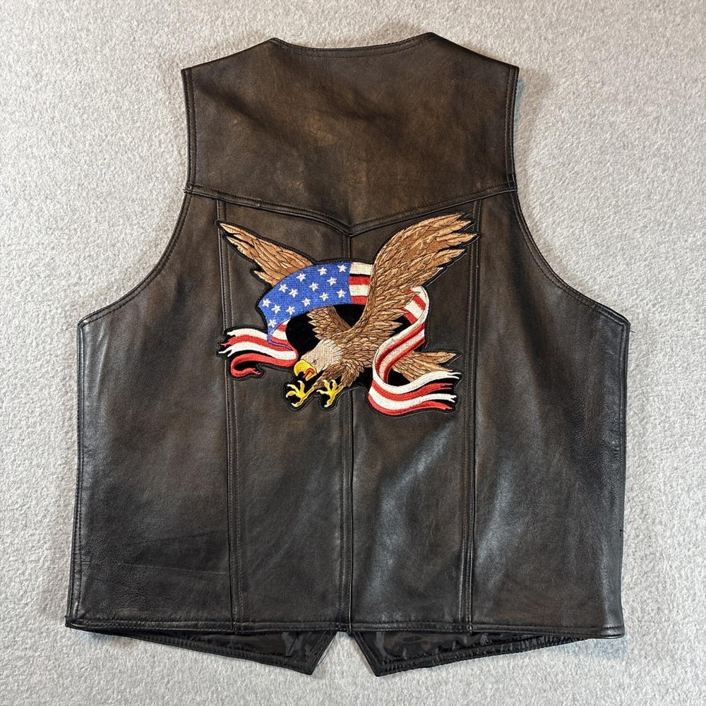Dream Apparel Black Leather Biker Vest Mens Sz 44‎ USA Bald Eagle Patch Flag